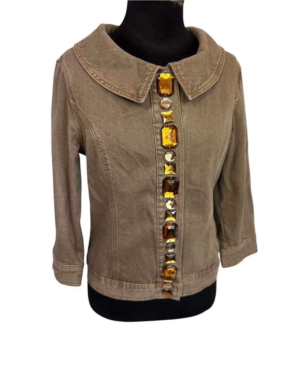 Vintage 90’s Newport News Women Sz 6 Denim Jacket Brown With Beaded Jewels